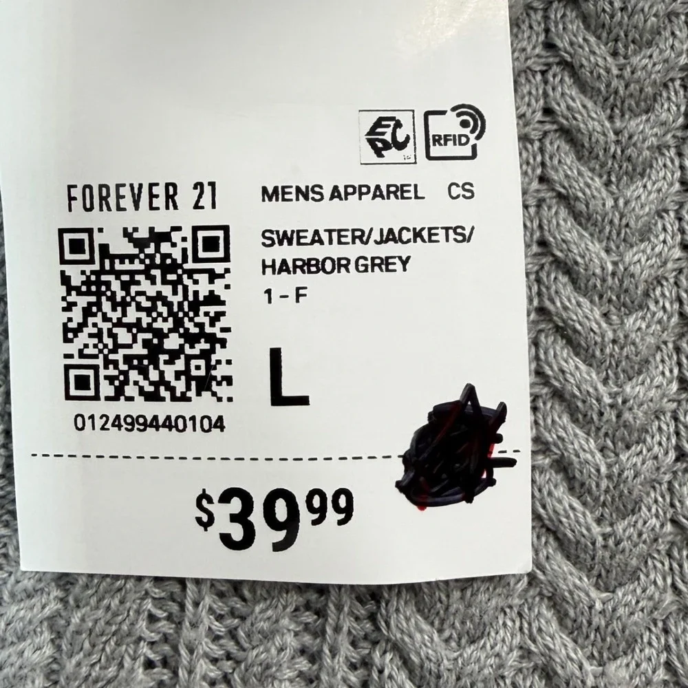 Forever 21 Cardigan Mens Large Gray Cable Knit Button Up Long Sleeve Sweater NEW
